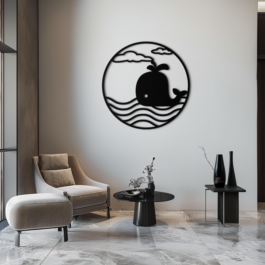 Cute Whale Ocean Scene Metal Wall Art – Playful Circular Black Steel Decor for Kids Rooms, Nurseries, and Coastal Interiors- KAF443