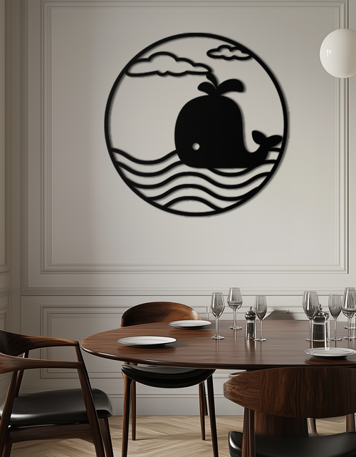 Load image into Gallery viewer, Cute Whale Ocean Scene Metal Wall Art – Playful Circular Black Steel Decor for Kids Rooms, Nurseries, and Coastal Interiors- KAF443
