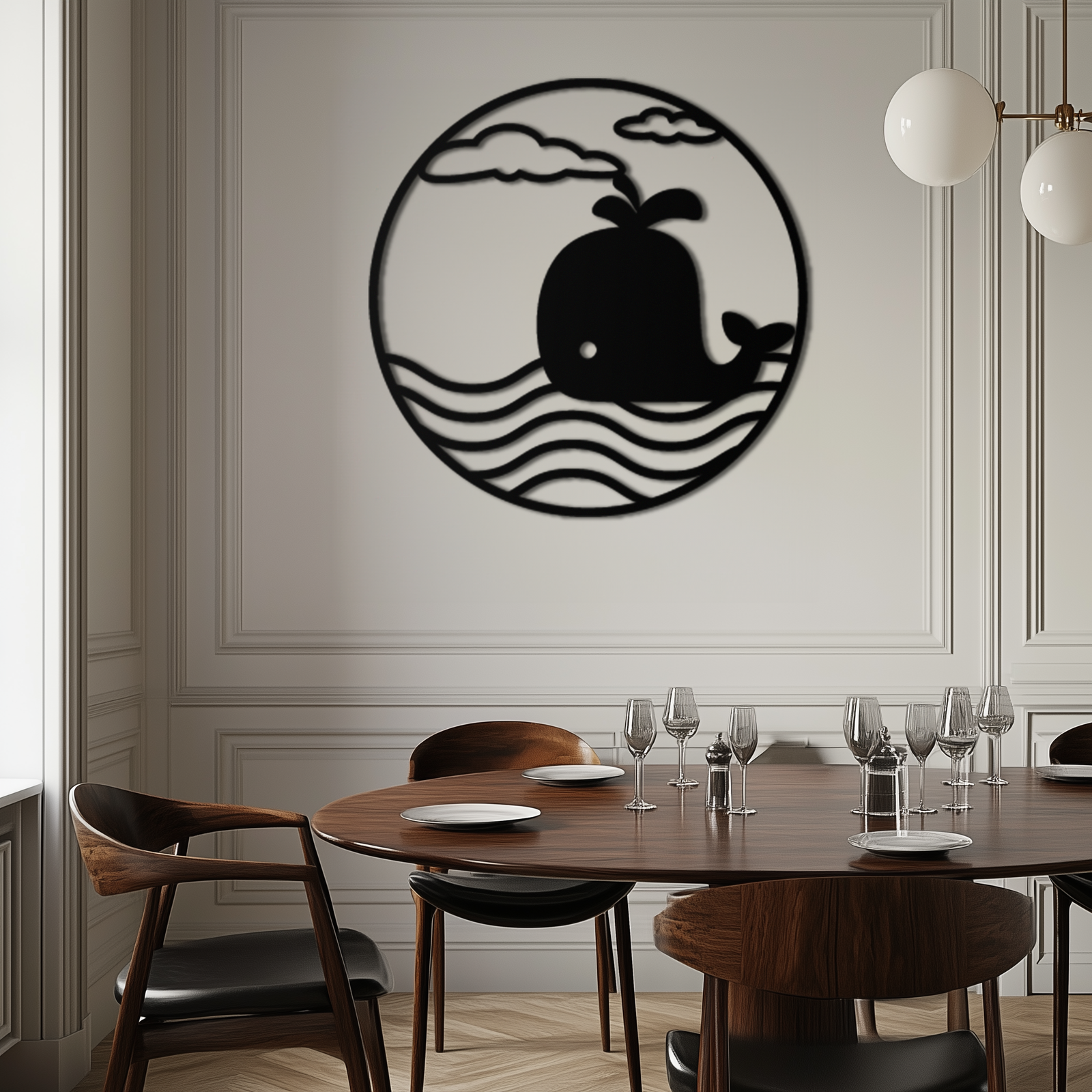 Cute Whale Ocean Scene Metal Wall Art – Playful Circular Black Steel Decor for Kids Rooms, Nurseries, and Coastal Interiors- KAF443