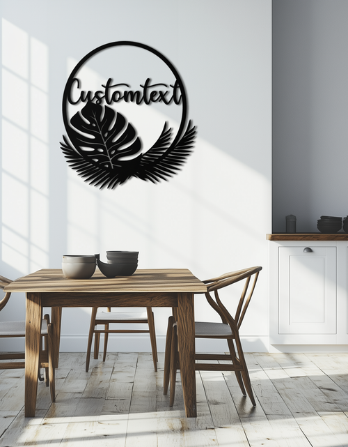 Load image into Gallery viewer, Personalized Tropical Leaves Metal Wall Art – Custom Text Circular Black Steel Decor for Modern Home and Event Spaces- KAF444
