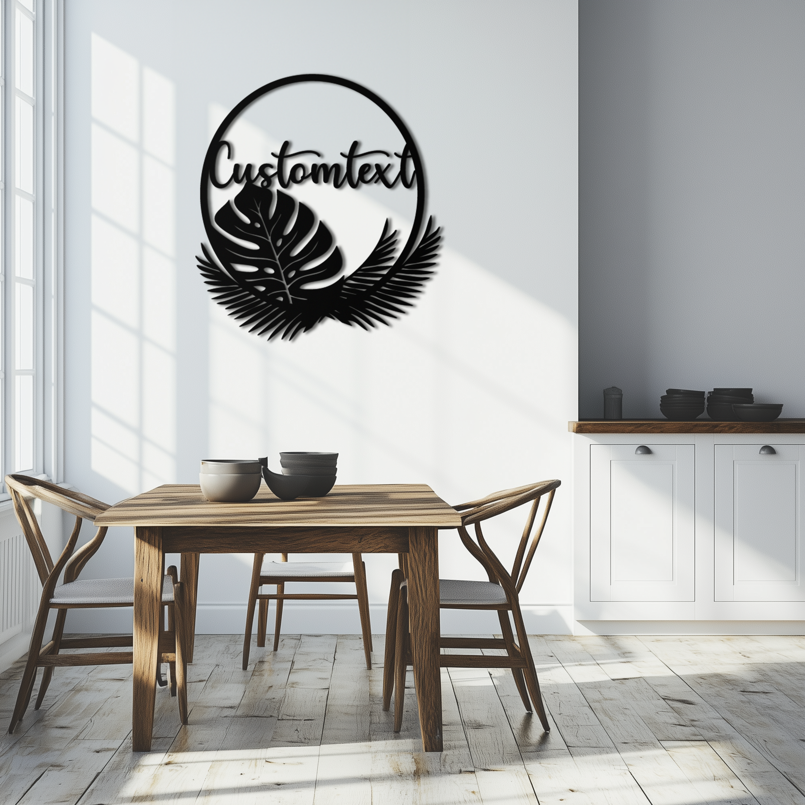 Personalized Tropical Leaves Metal Wall Art – Custom Text Circular Black Steel Decor for Modern Home and Event Spaces- KAF444