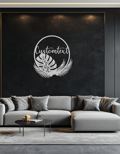 Load image into Gallery viewer, Personalized Tropical Leaves Metal Wall Art – Custom Text Circular Black Steel Decor for Modern Home and Event Spaces- KAF444
