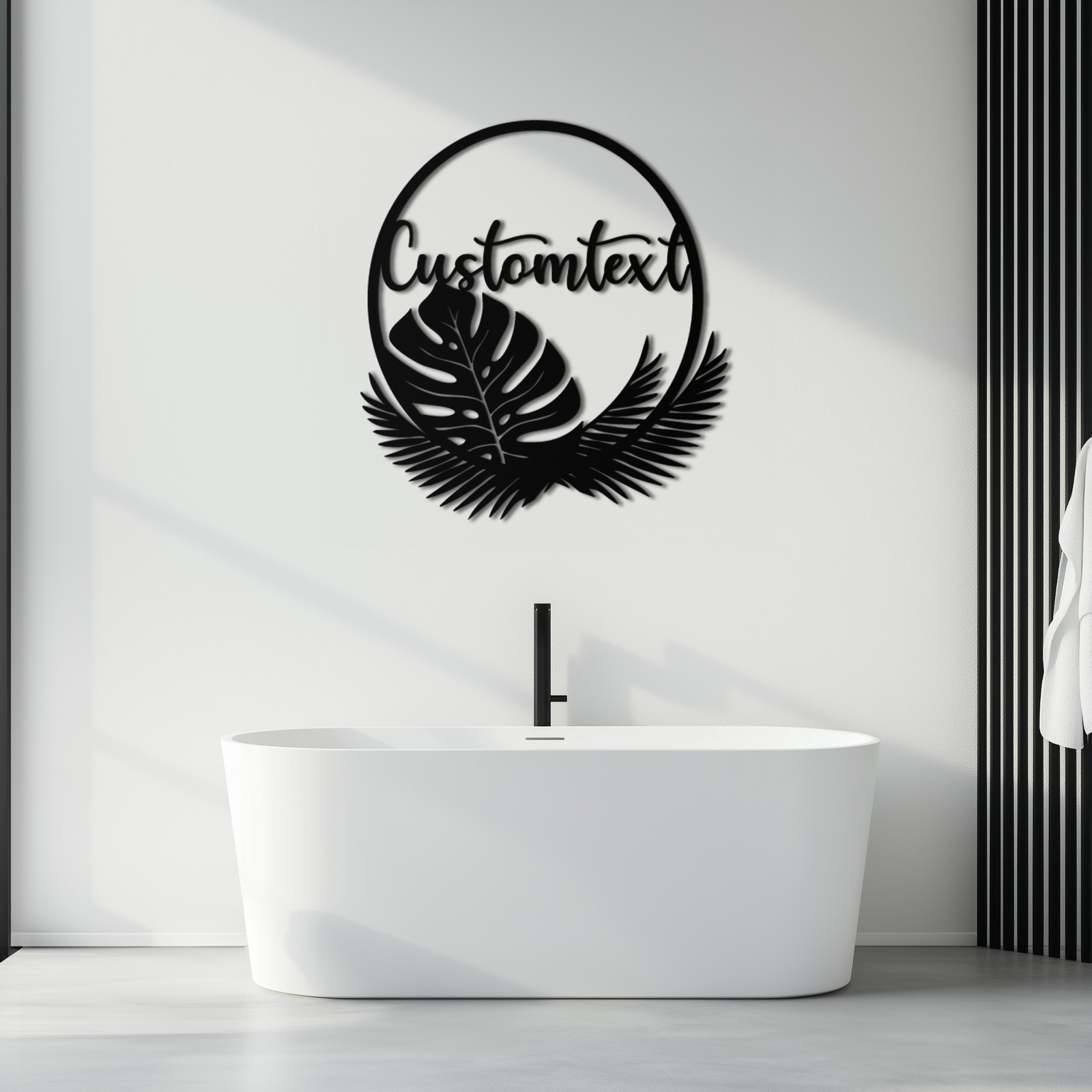 Personalized Tropical Leaves Metal Wall Art – Custom Text Circular Black Steel Decor for Modern Home and Event Spaces- KAF444