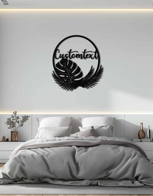 Load image into Gallery viewer, Personalized Tropical Leaves Metal Wall Art – Custom Text Circular Black Steel Decor for Modern Home and Event Spaces- KAF444
