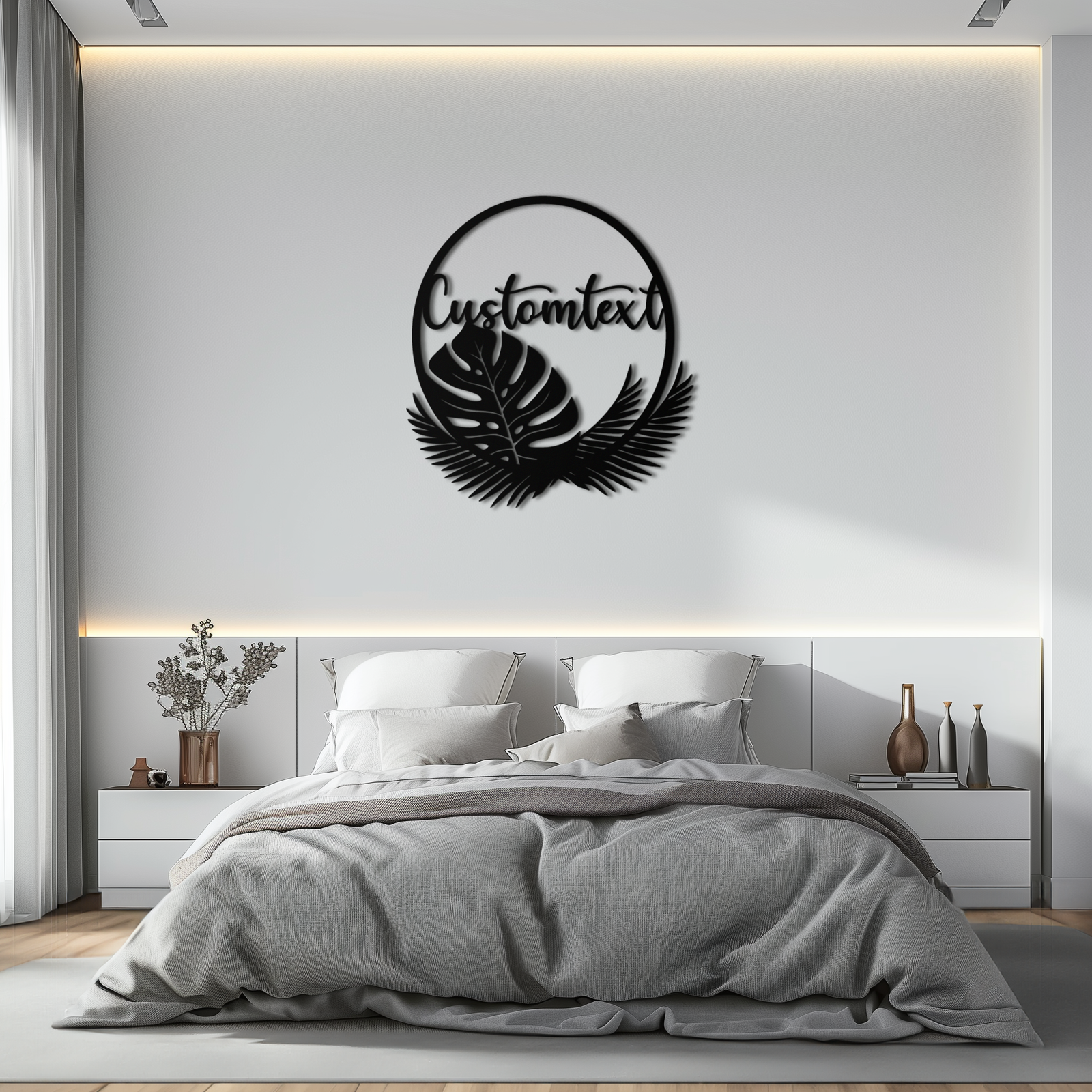 Personalized Tropical Leaves Metal Wall Art – Custom Text Circular Black Steel Decor for Modern Home and Event Spaces- KAF444