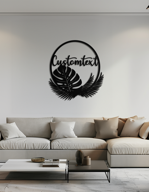 Load image into Gallery viewer, Personalized Tropical Leaves Metal Wall Art – Custom Text Circular Black Steel Decor for Modern Home and Event Spaces- KAF444
