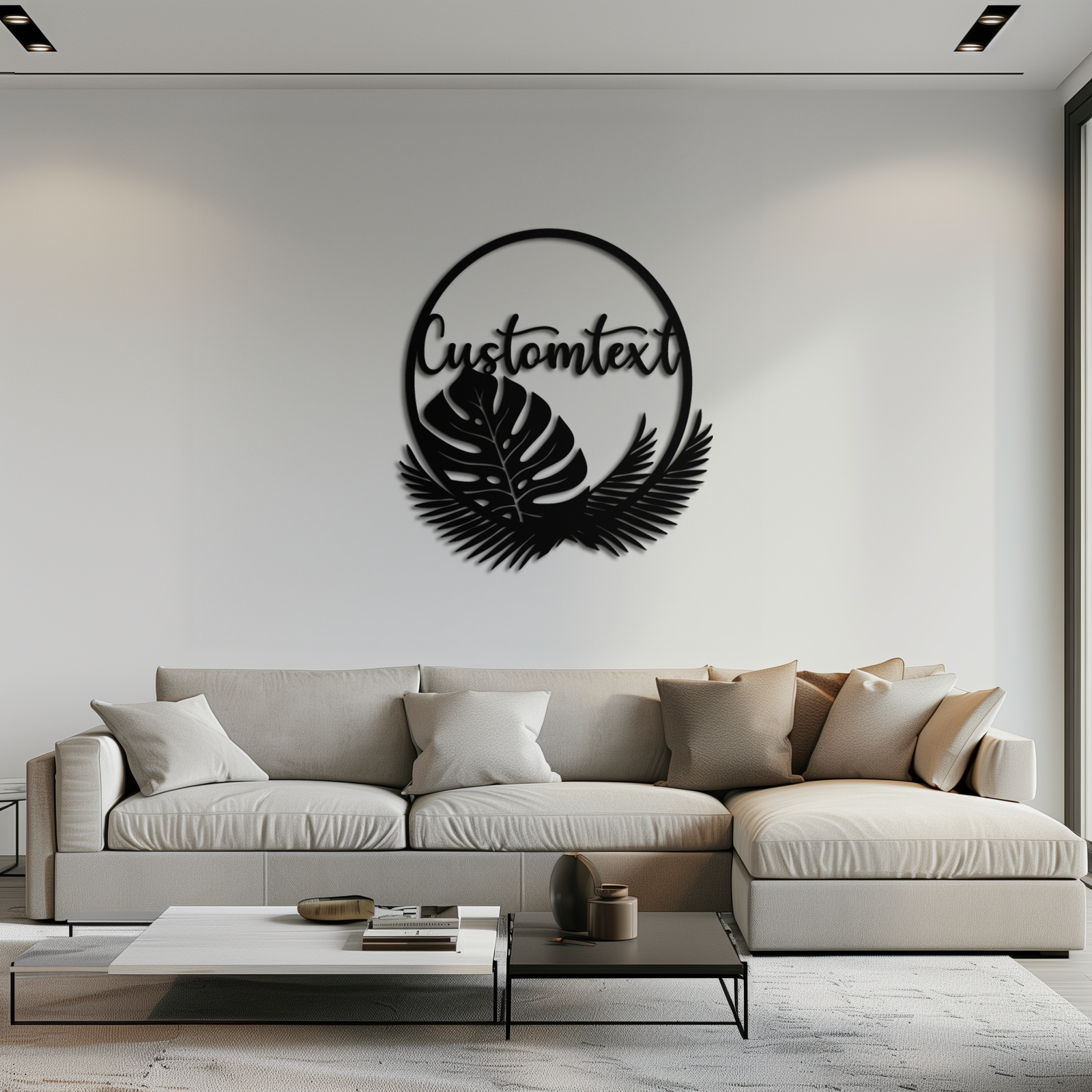 Personalized Tropical Leaves Metal Wall Art – Custom Text Circular Black Steel Decor for Modern Home and Event Spaces- KAF444