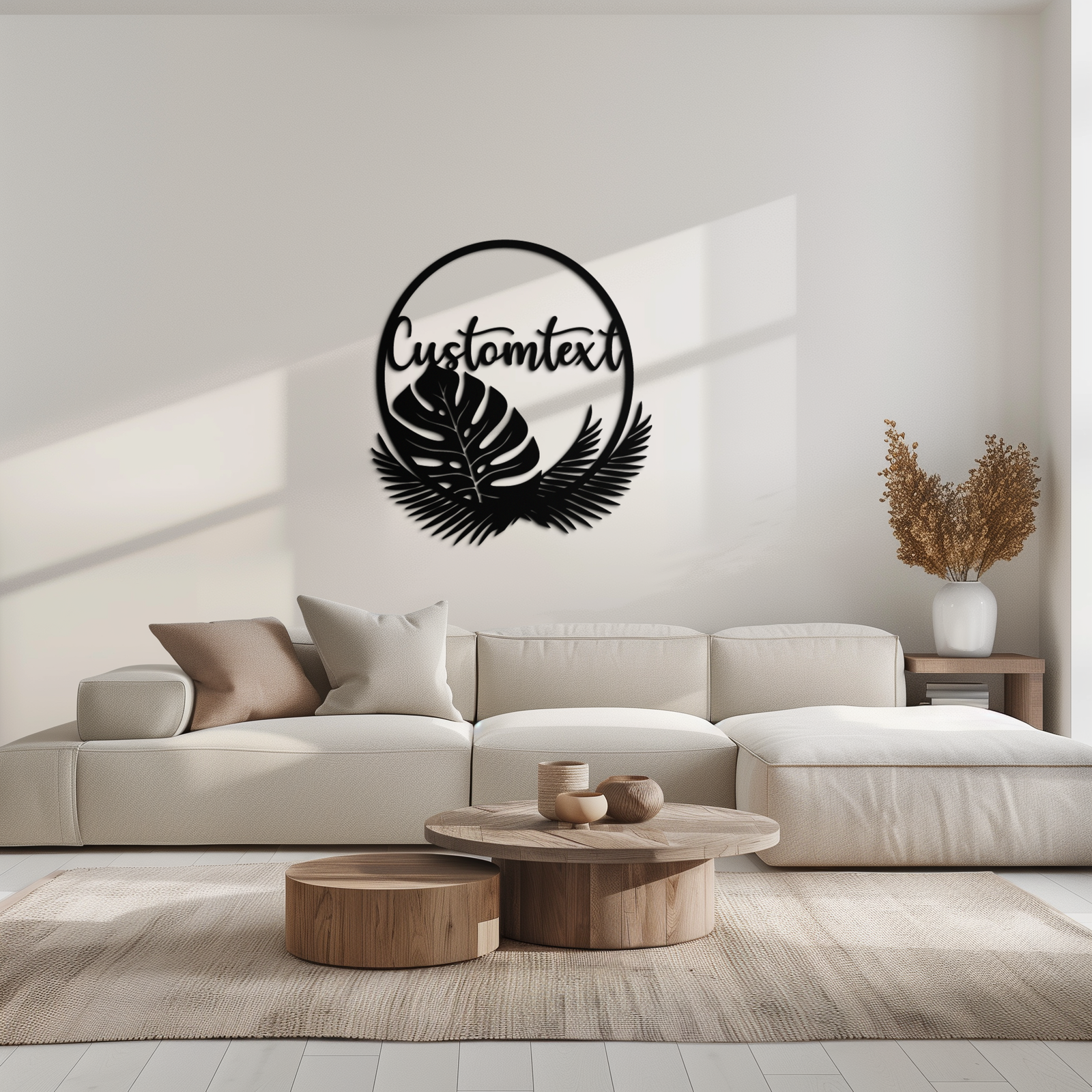 Personalized Tropical Leaves Metal Wall Art – Custom Text Circular Black Steel Decor for Modern Home and Event Spaces- KAF444