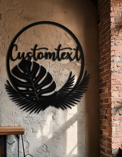 Load image into Gallery viewer, Personalized Tropical Leaves Metal Wall Art – Custom Text Circular Black Steel Decor for Modern Home and Event Spaces- KAF444
