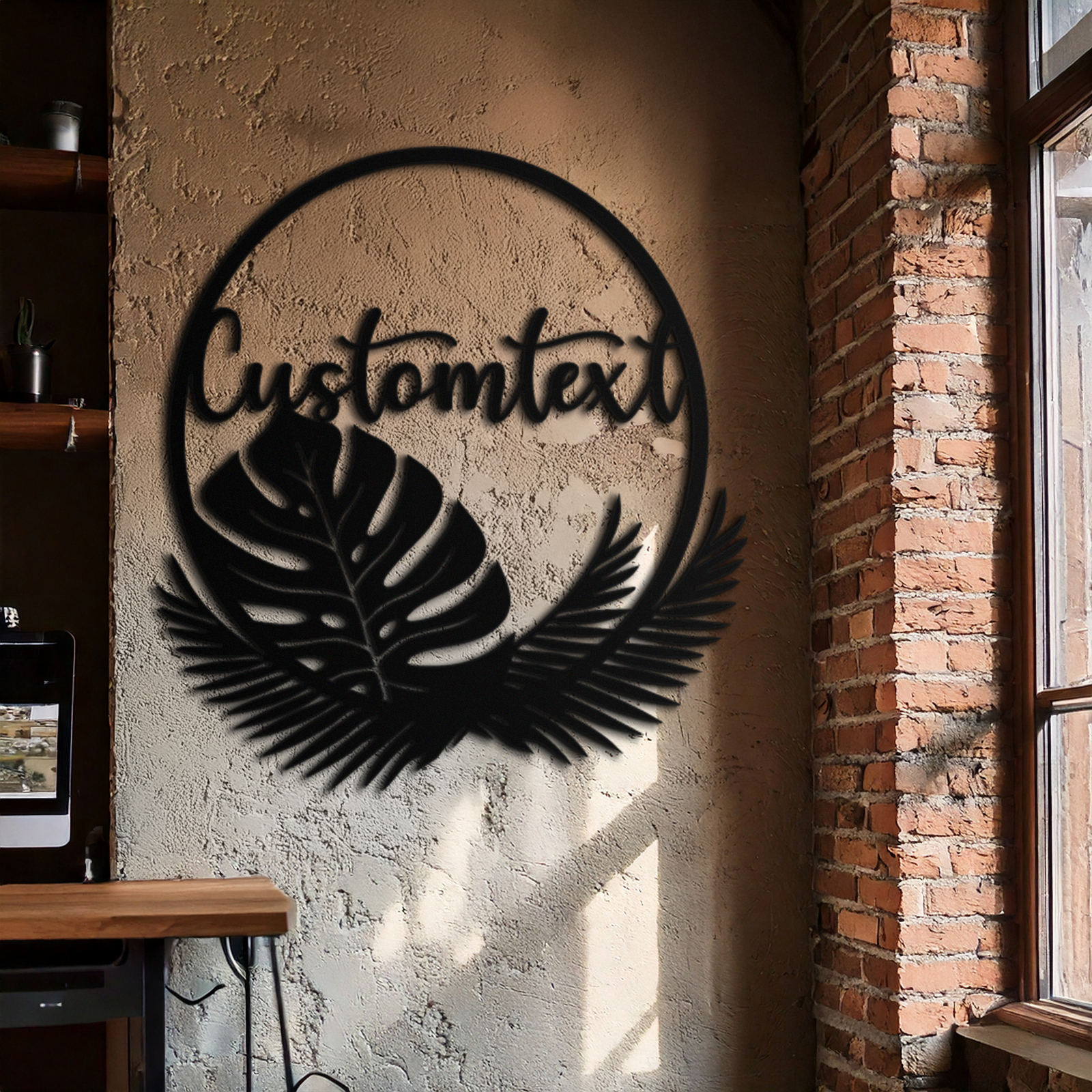 Personalized Tropical Leaves Metal Wall Art – Custom Text Circular Black Steel Decor for Modern Home and Event Spaces- KAF444