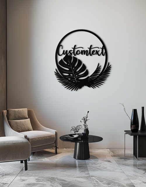 Load image into Gallery viewer, Personalized Tropical Leaves Metal Wall Art – Custom Text Circular Black Steel Decor for Modern Home and Event Spaces- KAF444
