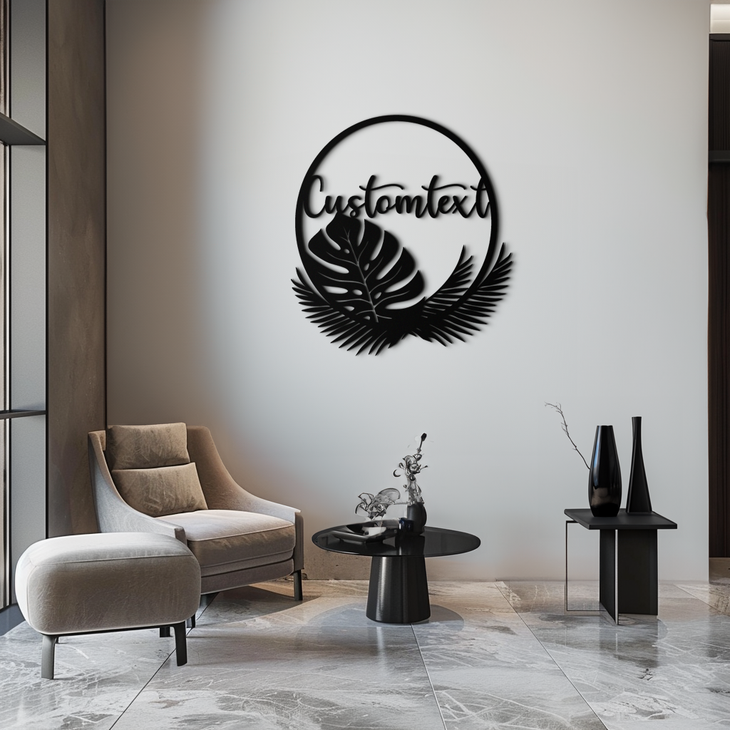 Personalized Tropical Leaves Metal Wall Art – Custom Text Circular Black Steel Decor for Modern Home and Event Spaces- KAF444