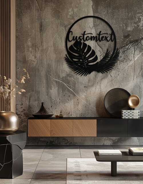 Load image into Gallery viewer, Personalized Tropical Leaves Metal Wall Art – Custom Text Circular Black Steel Decor for Modern Home and Event Spaces- KAF444
