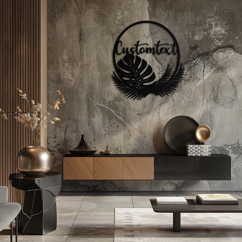 Personalized Tropical Leaves Metal Wall Art – Custom Text Circular Black Steel Decor for Modern Home and Event Spaces- KAF444