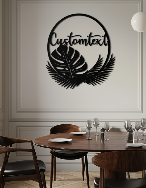 Load image into Gallery viewer, Personalized Tropical Leaves Metal Wall Art – Custom Text Circular Black Steel Decor for Modern Home and Event Spaces- KAF444
