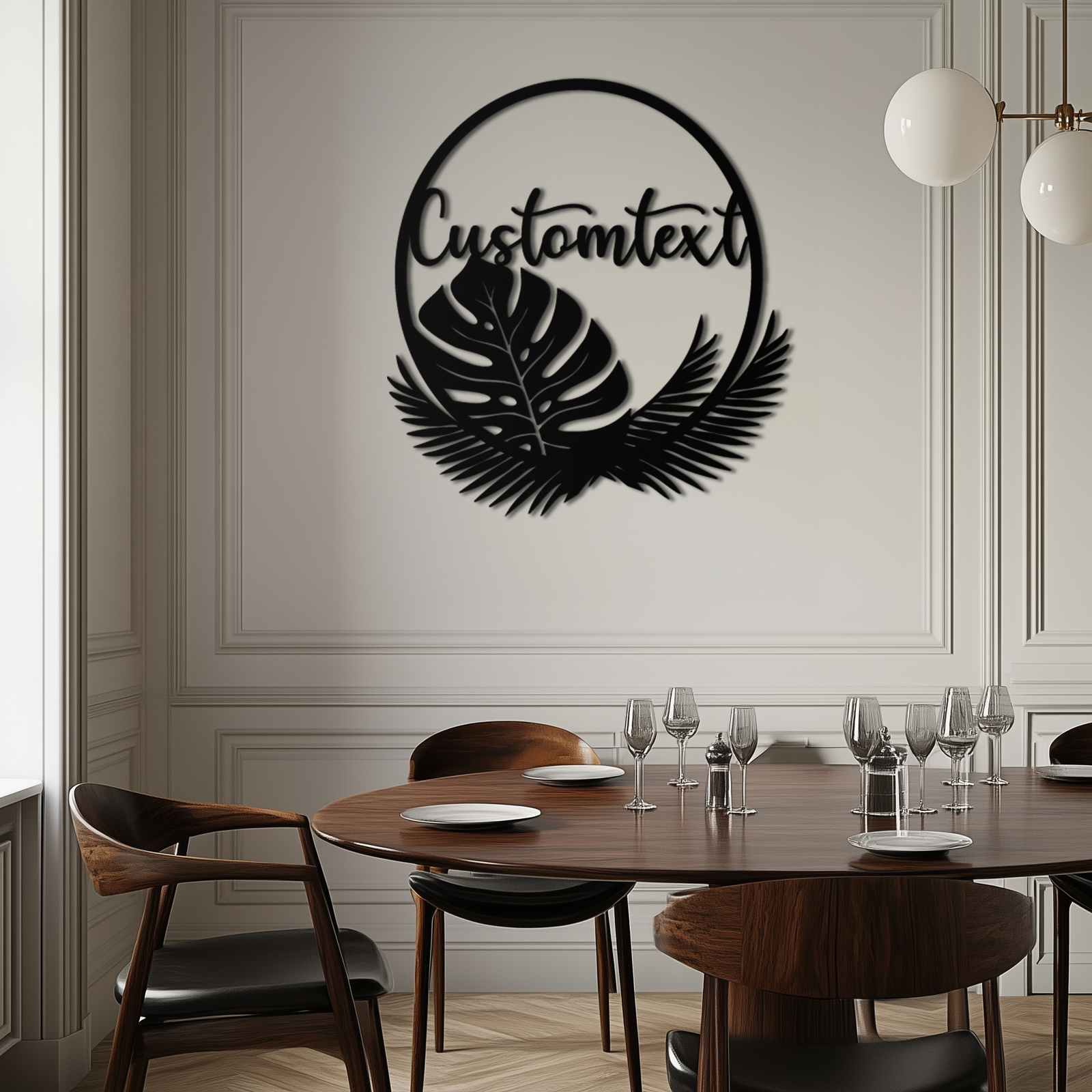 Personalized Tropical Leaves Metal Wall Art – Custom Text Circular Black Steel Decor for Modern Home and Event Spaces- KAF444