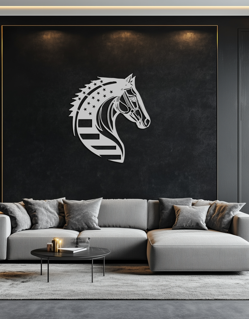 Load image into Gallery viewer, American Flag Horse Head Metal Wall Art – Patriotic Black Steel Equine Decor for Home, Barn and Ranch Interiors- KAF445
