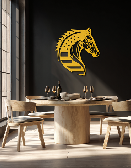 Load image into Gallery viewer, American Flag Horse Head Metal Wall Art – Patriotic Black Steel Equine Decor for Home, Barn and Ranch Interiors- KAF445
