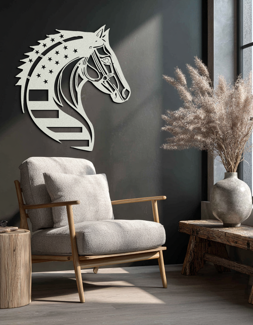 Load image into Gallery viewer, American Flag Horse Head Metal Wall Art – Patriotic Black Steel Equine Decor for Home, Barn and Ranch Interiors- KAF445
