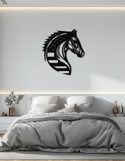Load image into Gallery viewer, American Flag Horse Head Metal Wall Art – Patriotic Black Steel Equine Decor for Home, Barn and Ranch Interiors- KAF445

