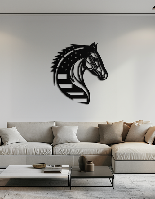 Load image into Gallery viewer, American Flag Horse Head Metal Wall Art – Patriotic Black Steel Equine Decor for Home, Barn and Ranch Interiors- KAF445
