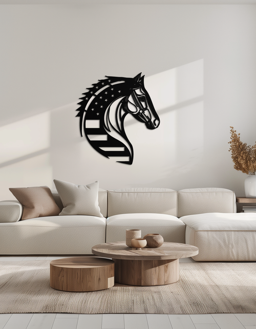Load image into Gallery viewer, American Flag Horse Head Metal Wall Art – Patriotic Black Steel Equine Decor for Home, Barn and Ranch Interiors- KAF445
