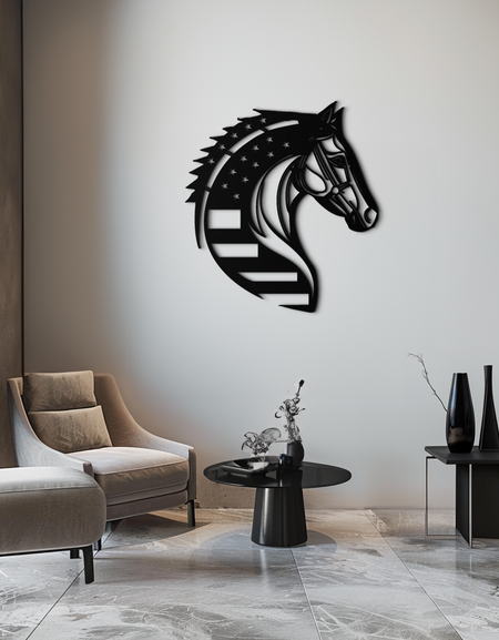 Amerikan Bayrağı At Başı Metal Duvar Sanatı – Ev, Ahır ve Çiftlik İç Mekanları İçin Vatansever Siyah Çelik At Dekoru - KAF445