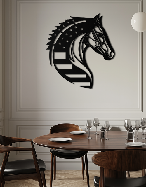 Load image into Gallery viewer, American Flag Horse Head Metal Wall Art – Patriotic Black Steel Equine Decor for Home, Barn and Ranch Interiors- KAF445
