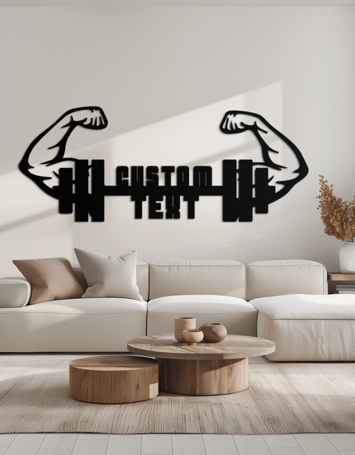 Resmi Galeri görüntüleyicisine yükleyin, Kişiselleştirilmiş Fitness Barbell Metal Duvar Sanatı – Özel Metin Kaslı Kollar Siyah Çelik Dekor Spor Salonu ve Egzersiz Alanları için - KAF448
