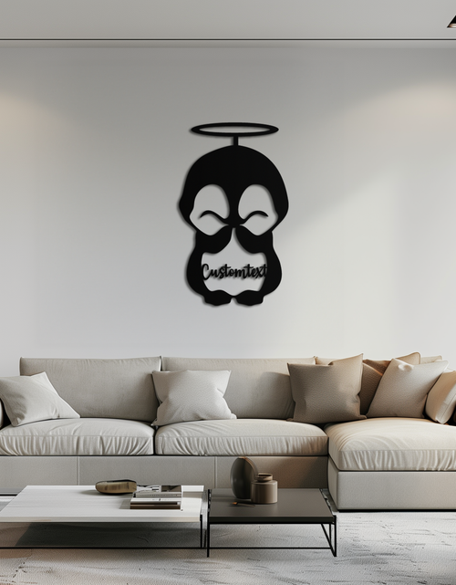 Load image into Gallery viewer, Personalized Cute Angel Penguin Metal Wall Art – Custom Text Adorable Black Steel Decor for Kids Rooms and Nurseries- KAF449

