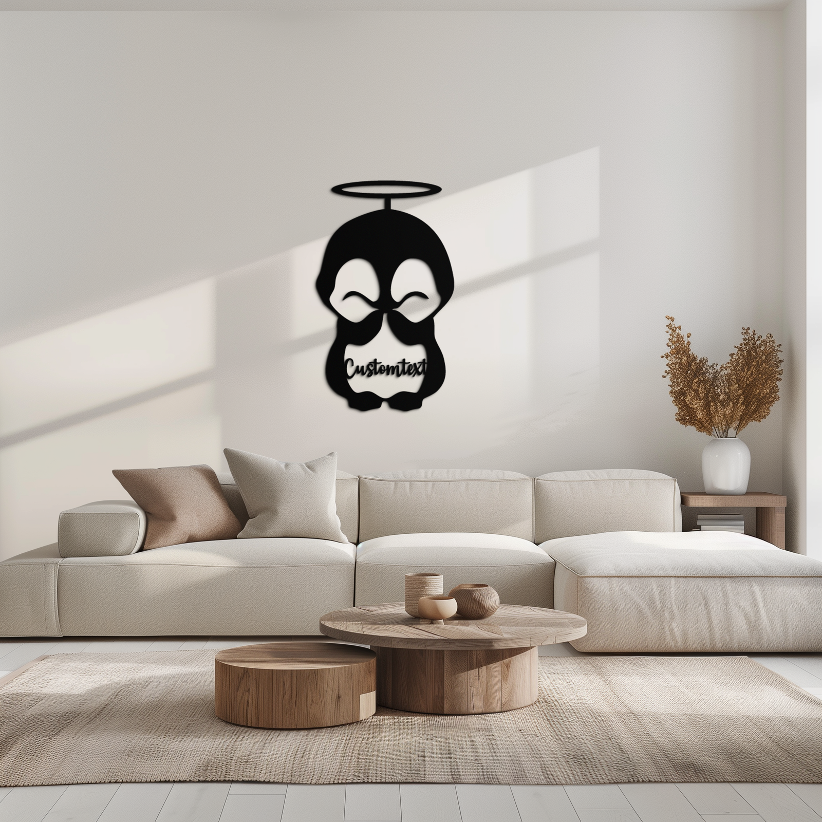 Personalized Cute Angel Penguin Metal Wall Art – Custom Text Adorable Black Steel Decor for Kids Rooms and Nurseries- KAF449