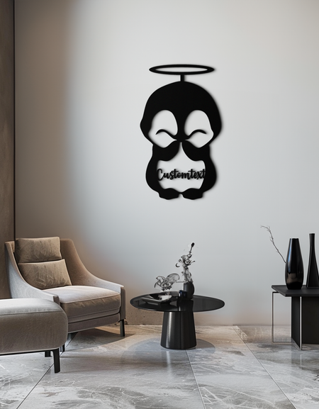 Kişiselleştirilmiş Sevimli Melek Penguen Metal Duvar Sanatı – Çocuk Odaları ve Kreşler için Özel Metin Sevimli Siyah Çelik Dekor - KAF449