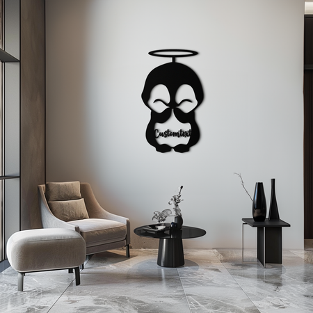 Personalized Cute Angel Penguin Metal Wall Art – Custom Text Adorable Black Steel Decor for Kids Rooms and Nurseries- KAF449