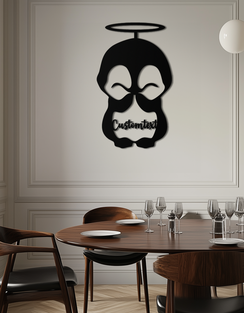 Load image into Gallery viewer, Personalized Cute Angel Penguin Metal Wall Art – Custom Text Adorable Black Steel Decor for Kids Rooms and Nurseries- KAF449

