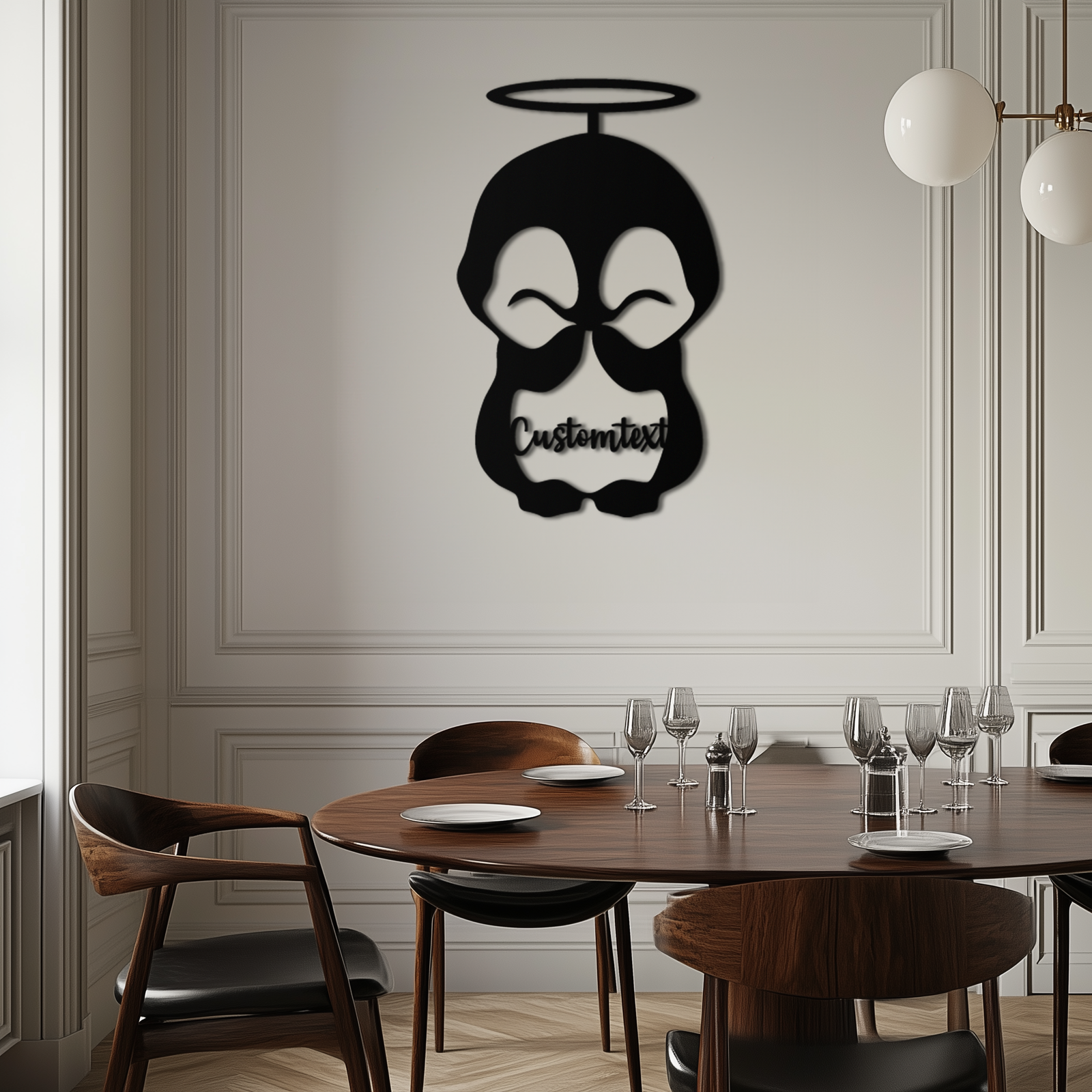 Personalized Cute Angel Penguin Metal Wall Art – Custom Text Adorable Black Steel Decor for Kids Rooms and Nurseries- KAF449