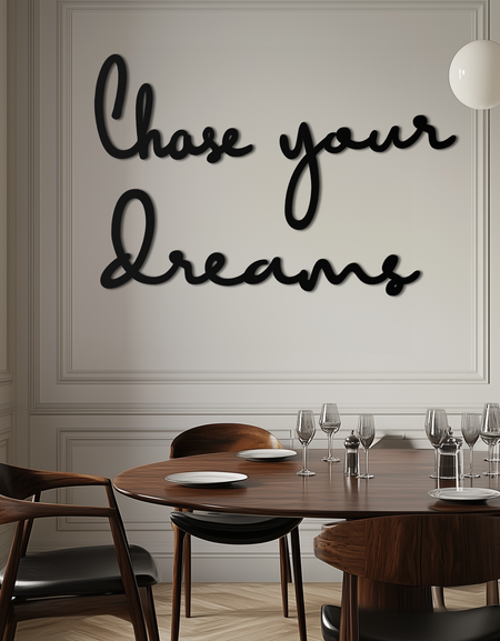 Hayallerinin Peşinden Git Sözü Metal Duvar Sanatı – Ev ve Ofis Dekoru için Siyah Renkli İlham Verici Sözcük İşareti - KAF454