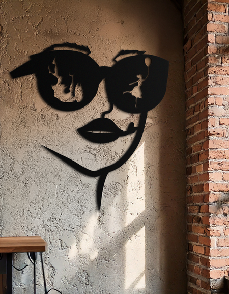 Modern Woman Face with Sunglasses Metal Wall Art – Abstract Reflective Scene Black Steel Decor for Contemporary Interiors- KAF460