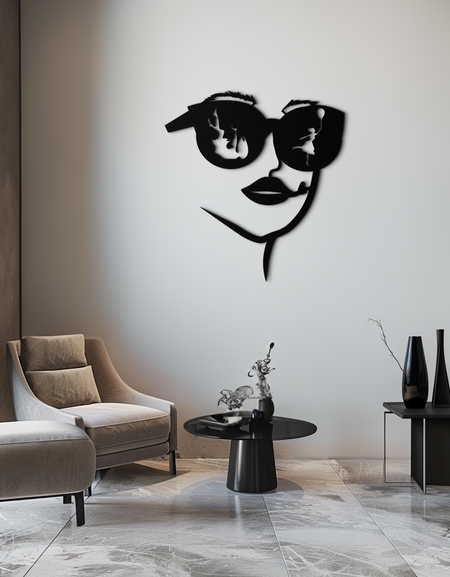 Modern Woman Face with Sunglasses Metal Wall Art – Abstract Reflective Scene Black Steel Decor for Contemporary Interiors- KAF460