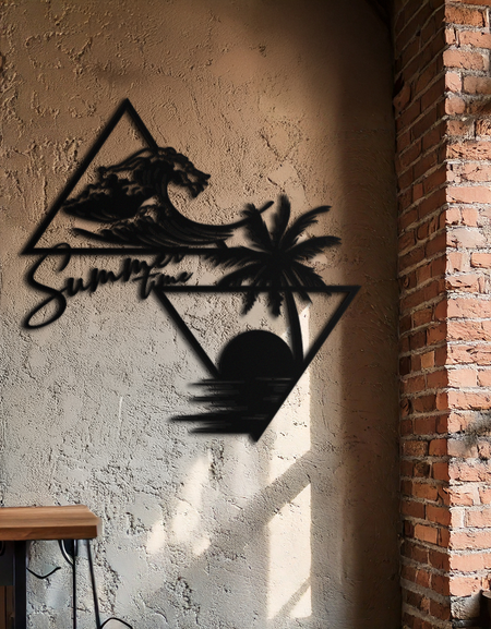 Yaz Zamanı Plaj Sahnesi Metal Duvar Sanatı – Tropikal Okyanus Dalgaları ve Palmiye Ağacı Siyah Çelik Dekor Sahil İç Mekanları İçin - KAF461