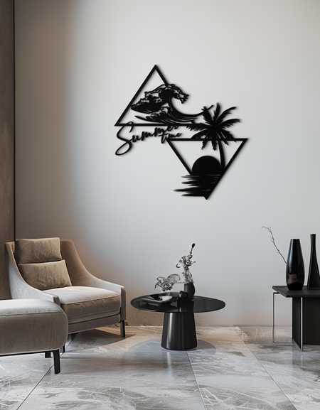 Yaz Zamanı Plaj Sahnesi Metal Duvar Sanatı – Tropikal Okyanus Dalgaları ve Palmiye Ağacı Siyah Çelik Dekor Sahil İç Mekanları İçin - KAF461