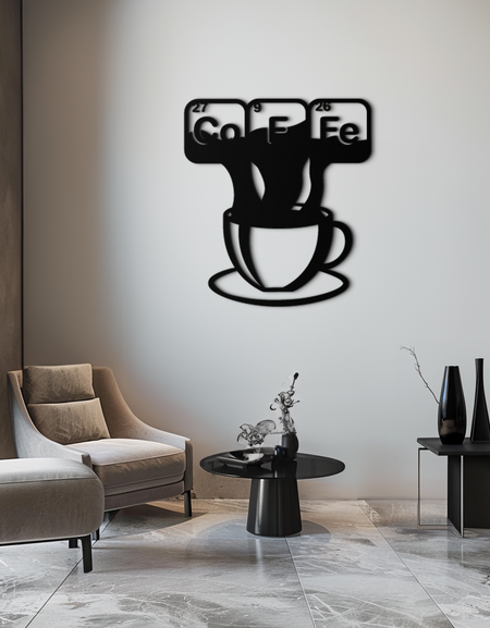 Coffee Elements Chemistry Metal Duvar Sanatı – Bilimsel Kahve Kupası Siyah Çelik Dekor Mutfaklar, Kafeler ve Ofisler İçin - KAF462
