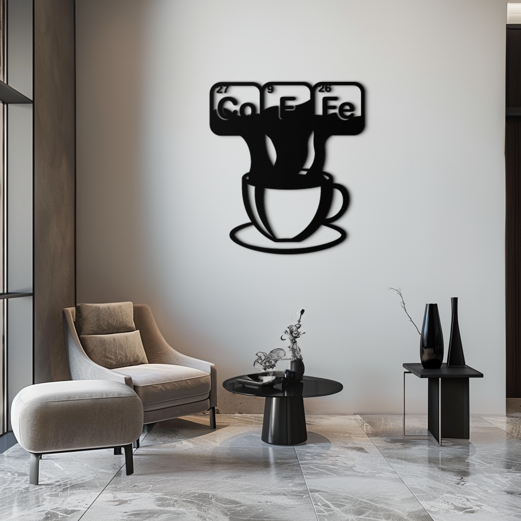 Coffee Elements Chemistry Metal Duvar Sanatı – Bilimsel Kahve Kupası Siyah Çelik Dekor Mutfaklar, Kafeler ve Ofisler İçin - KAF462