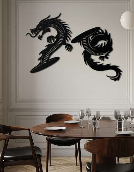 Yin Yang Dragon Duo Metal Duvar Sanatı – Modern, Zen ve Asya Temalı İç Mekanlar İçin Doğu Esintili Siyah Çelik Dekor - KAF464