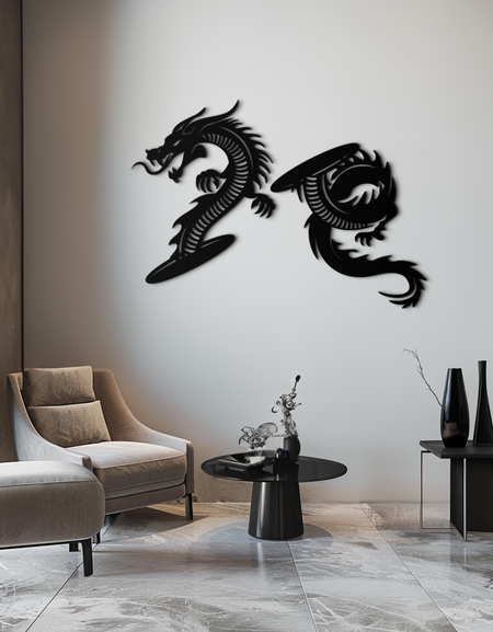 Yin Yang Dragon Duo Metal Duvar Sanatı – Modern, Zen ve Asya Temalı İç Mekanlar İçin Doğu Esintili Siyah Çelik Dekor - KAF464