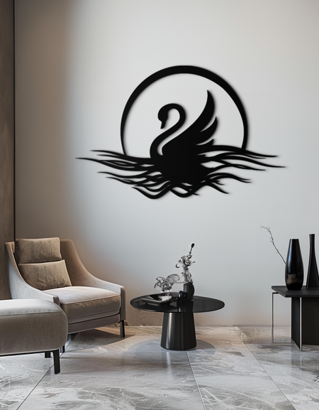 Elegant Swan on Lake Metal Wall Art – Serene Black Steel Decor for Modern, Nature-Inspired Home Interiors- KAF465
