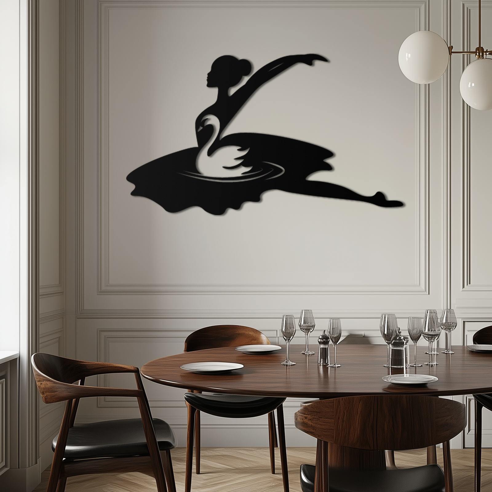Ballet Dancer with Swan Silhouette Metal Wall Art – Elegant Black Steel Decor for Ballet Studios, Bedrooms, and Living Spaces- KAF466