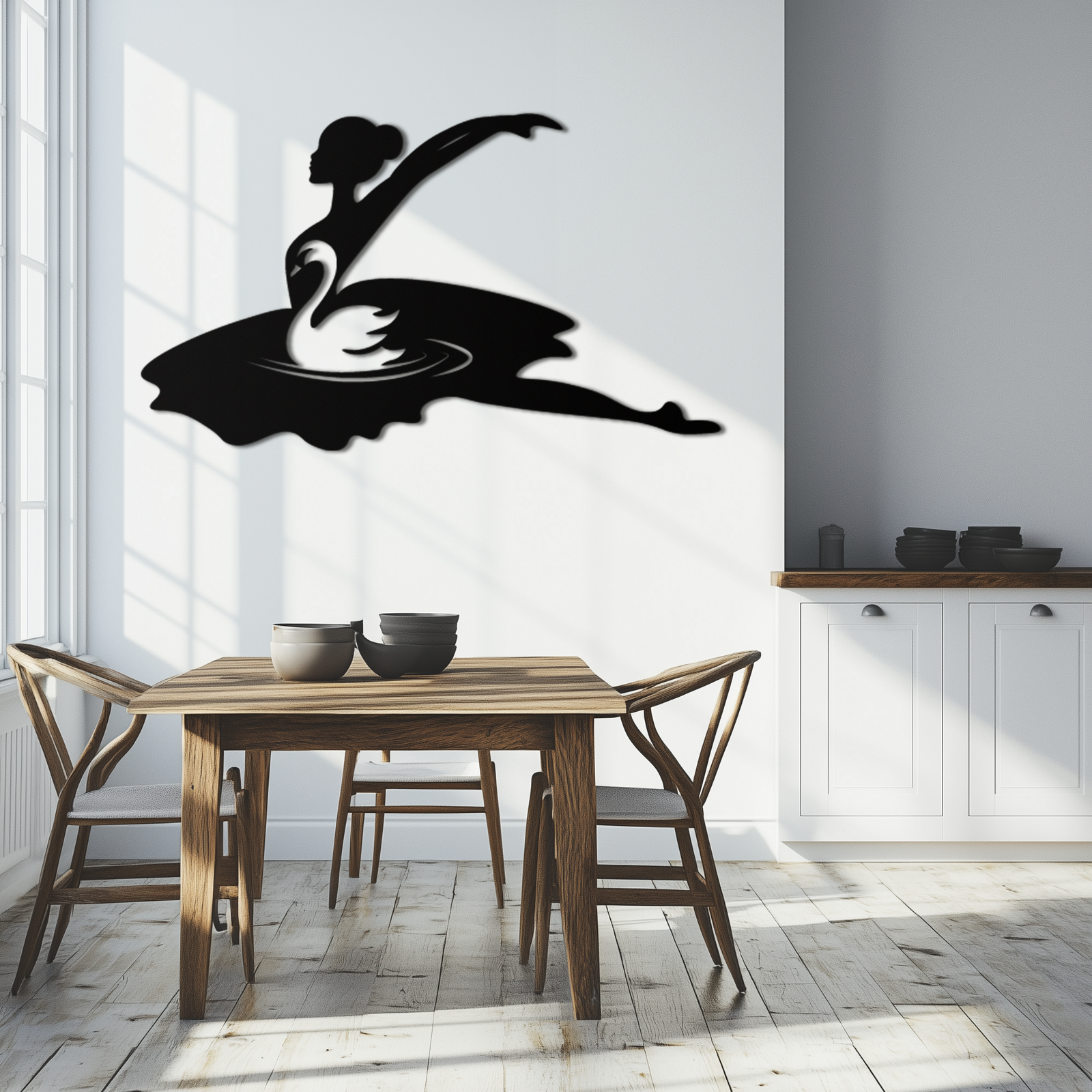 Ballet Dancer with Swan Silhouette Metal Wall Art – Elegant Black Steel Decor for Ballet Studios, Bedrooms, and Living Spaces- KAF466