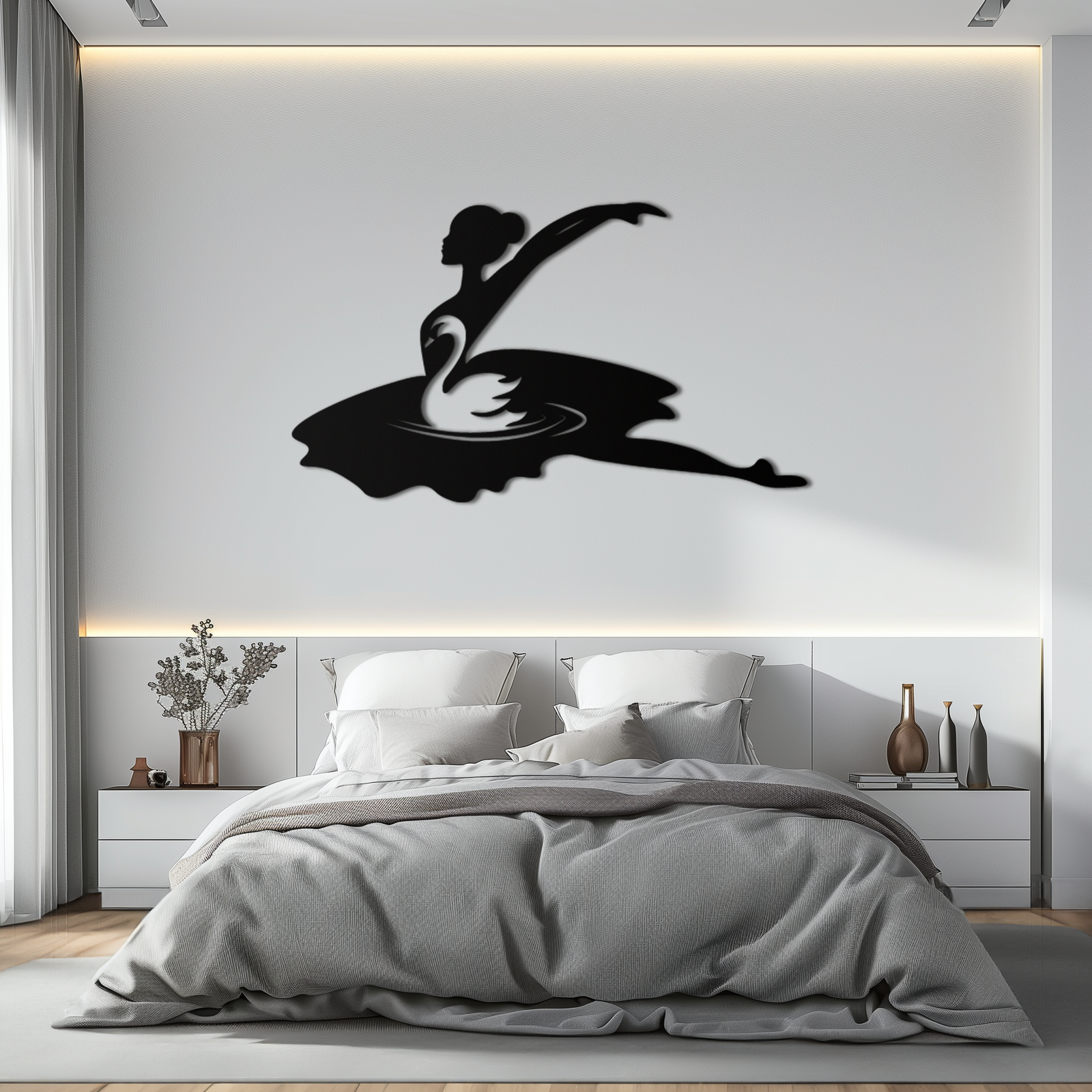 Ballet Dancer with Swan Silhouette Metal Wall Art – Elegant Black Steel Decor for Ballet Studios, Bedrooms, and Living Spaces- KAF466