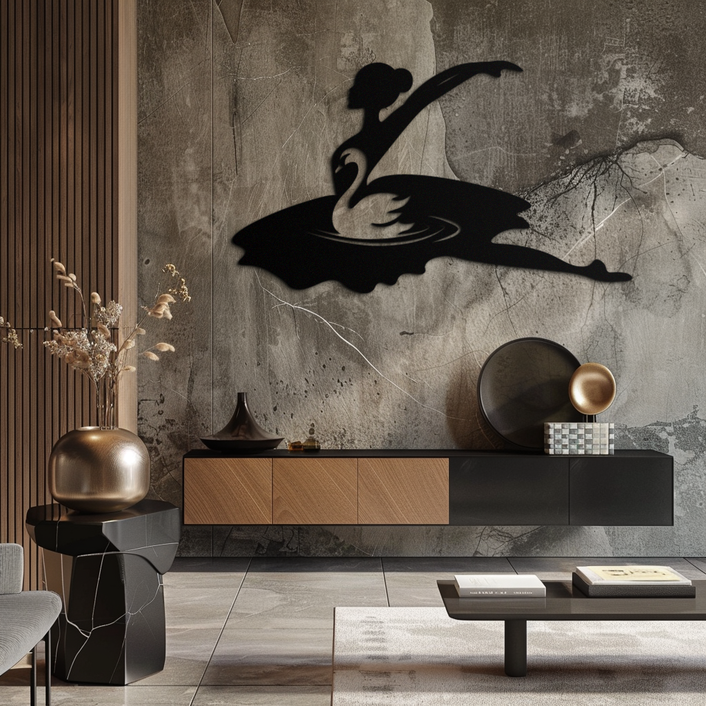 Ballet Dancer with Swan Silhouette Metal Wall Art – Elegant Black Steel Decor for Ballet Studios, Bedrooms, and Living Spaces- KAF466