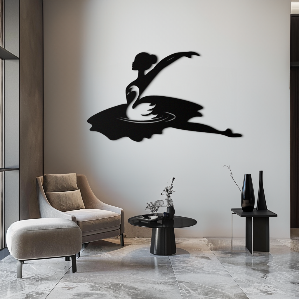 Ballet Dancer with Swan Silhouette Metal Wall Art – Elegant Black Steel Decor for Ballet Studios, Bedrooms, and Living Spaces- KAF466